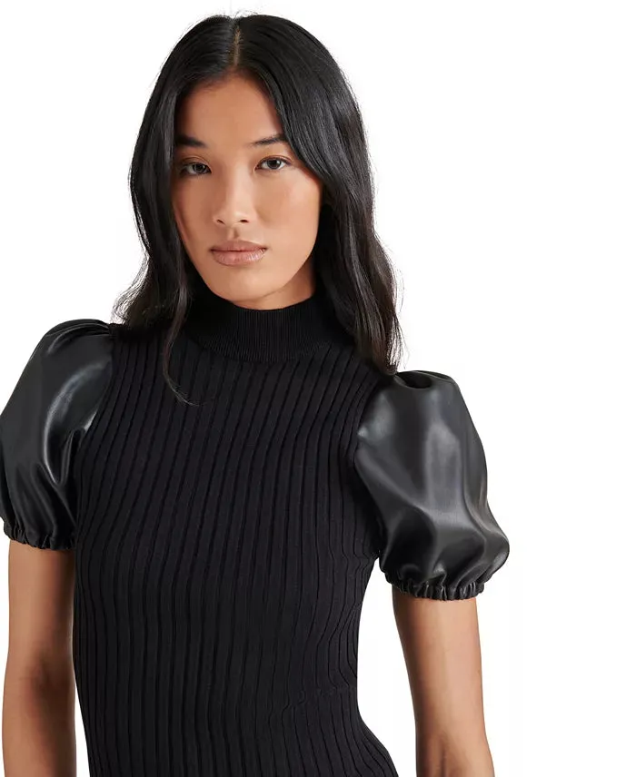 STE Peggy Faux Leather Sleeve Top in Black