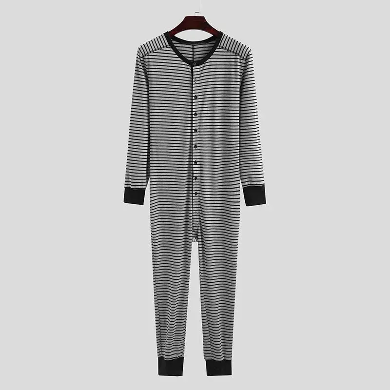 Striped Men's Casual and Comfortable Long-sleeved Jumpsuit Spring and Autumn Daily Home Wear in Stock