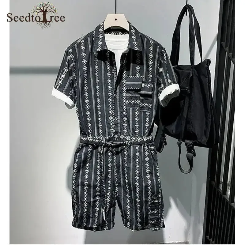 Summer Casual Men's Jumpsuit Printed Safari Style Men's Sets Single Breasted Lapel Short Sleeved Lace Up Shorts Suit