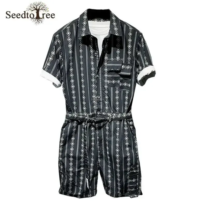 Summer Casual Men's Jumpsuit Printed Safari Style Men's Sets Single Breasted Lapel Short Sleeved Lace Up Shorts Suit