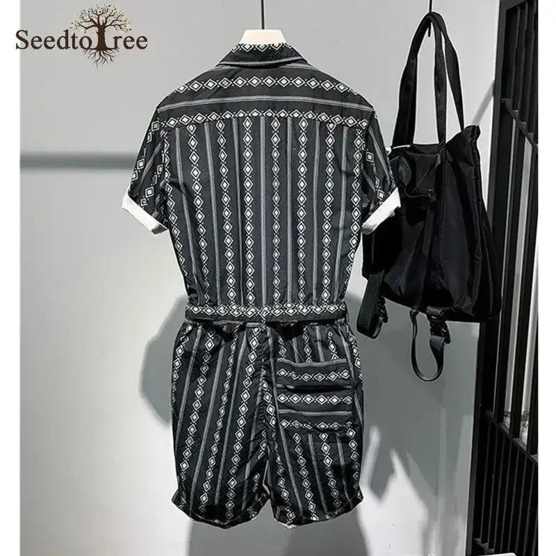 Summer Casual Men's Jumpsuit Printed Safari Style Men's Sets Single Breasted Lapel Short Sleeved Lace Up Shorts Suit