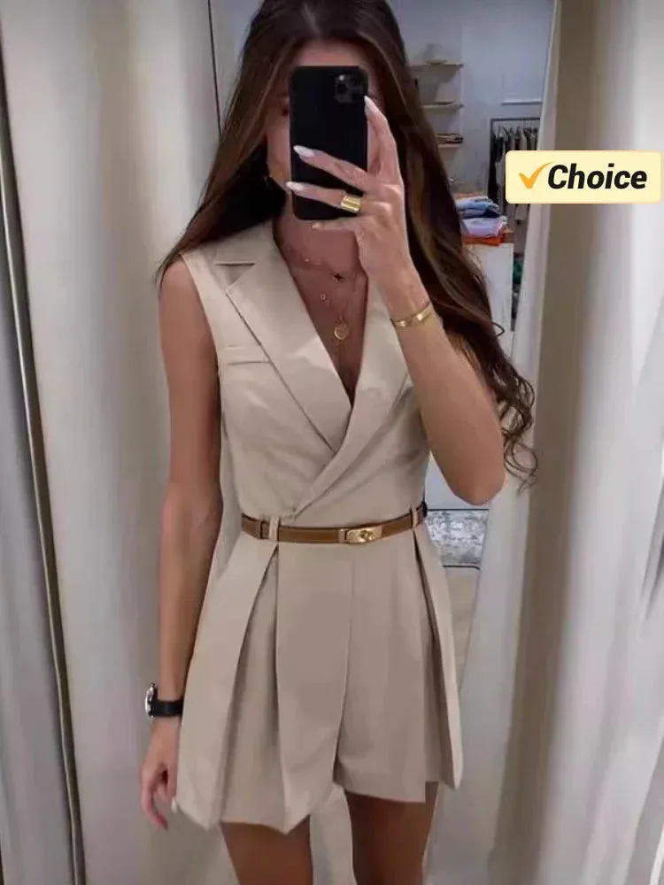 Summer Fashion New Women's Lapel Suit Jumpsuit OL Professional Commuting Women's Office Style Shorts Formal Jumpsuit