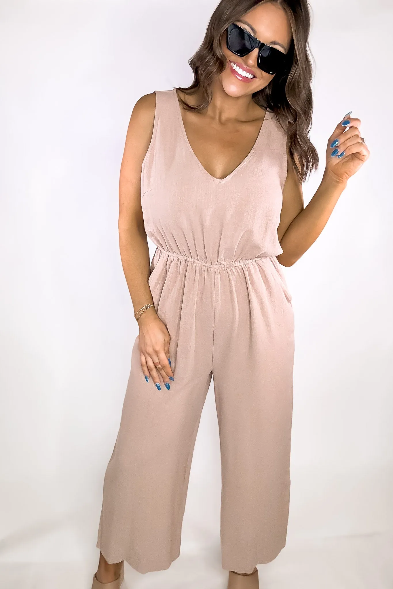 Tan Sleeveless Linen Jumpsuit