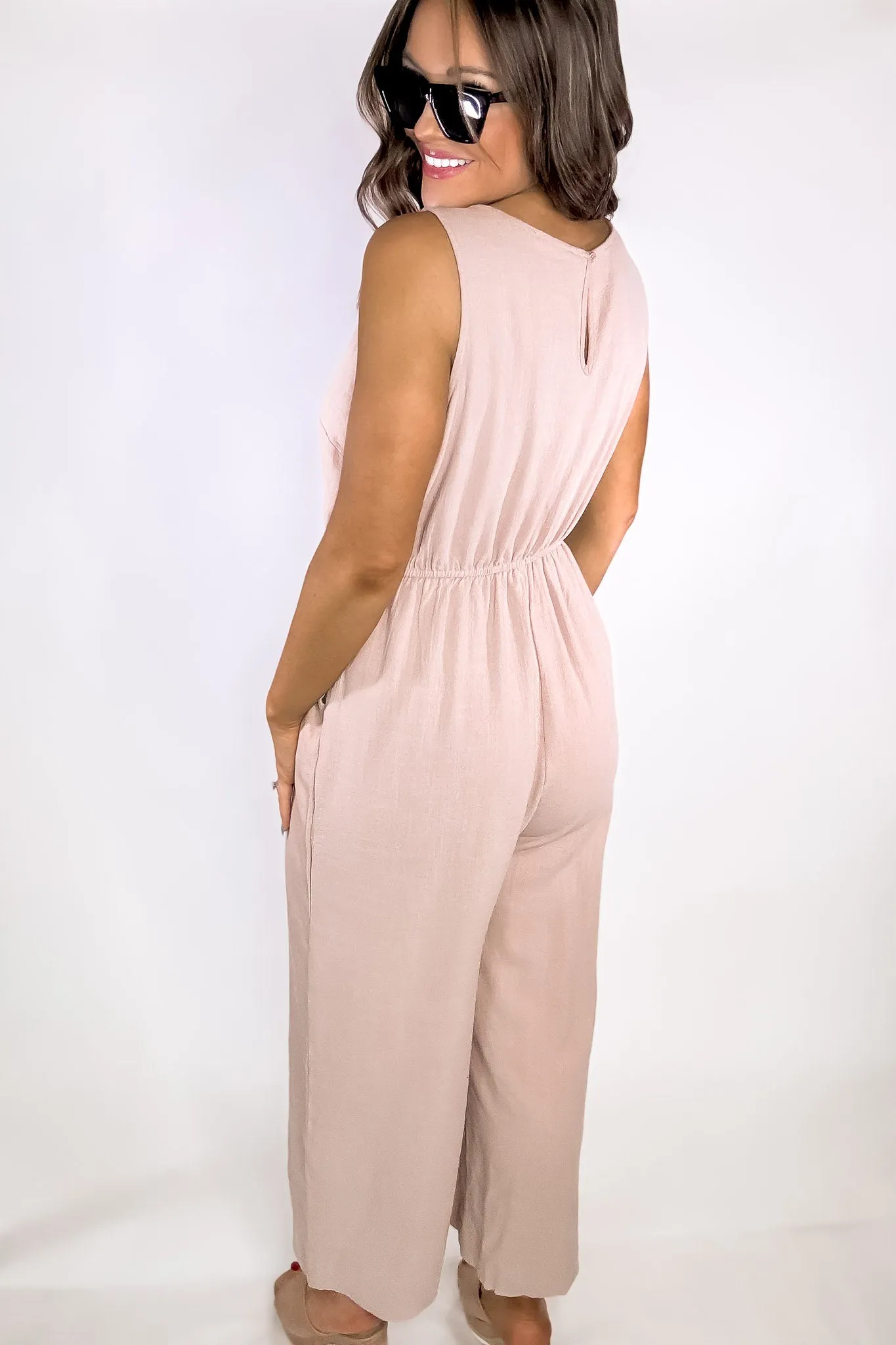 Tan Sleeveless Linen Jumpsuit