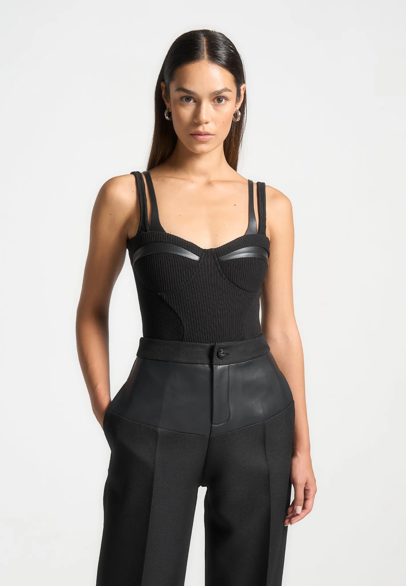 Twin Strap Ribbed Bodysuit - Black