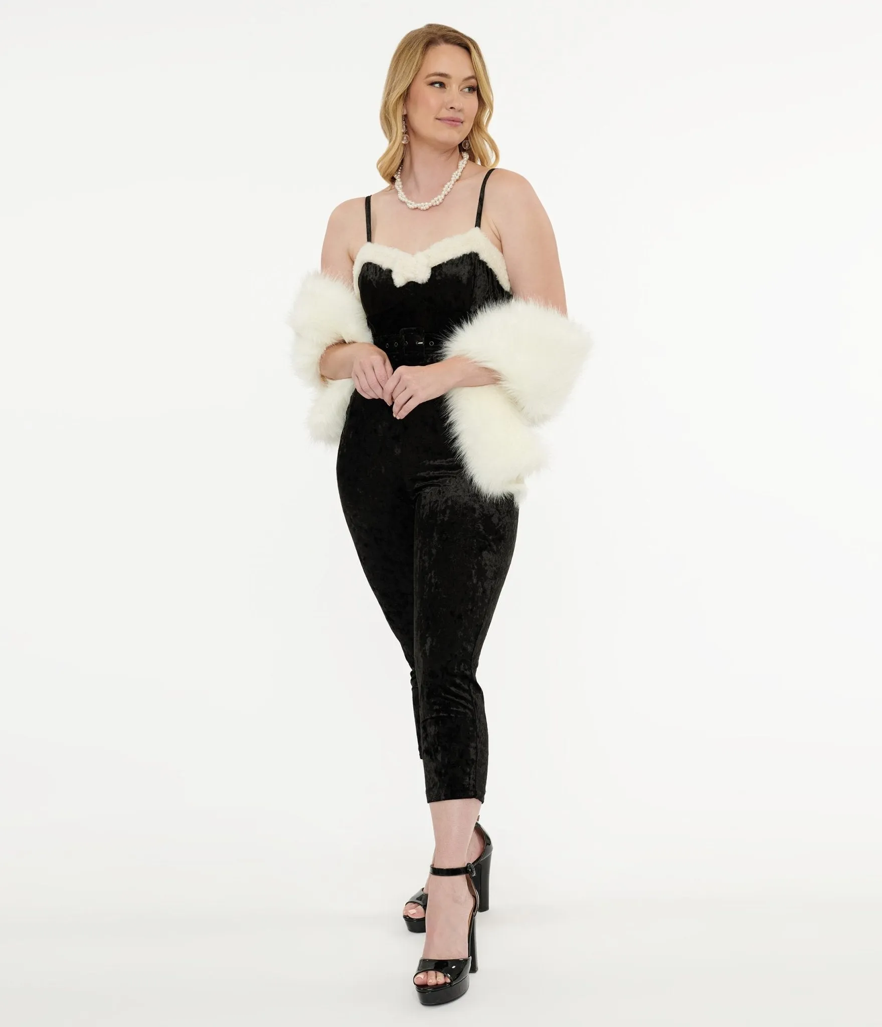 Unique Vintage 1950s Black & White Faux Fur Cropped Jumpsuit