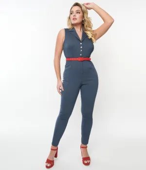 Unique Vintage 1950s Blue Denim & Red Belt Skinny Jumpsuit