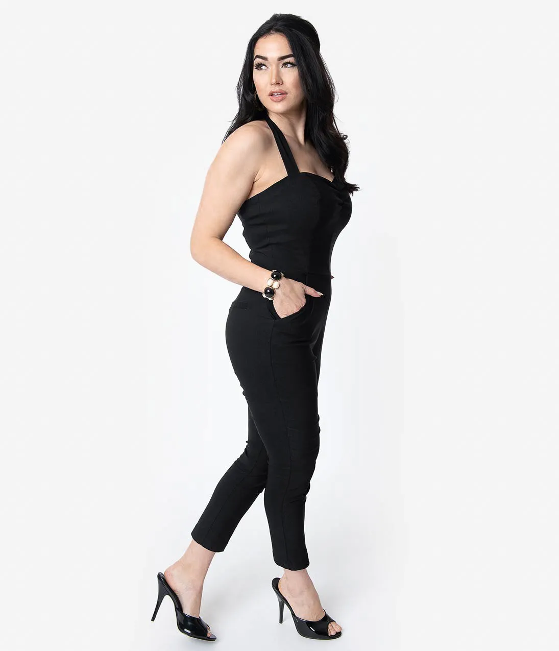 Unique Vintage 1950s Style Black Halter Marcel Cropped Jumpsuit