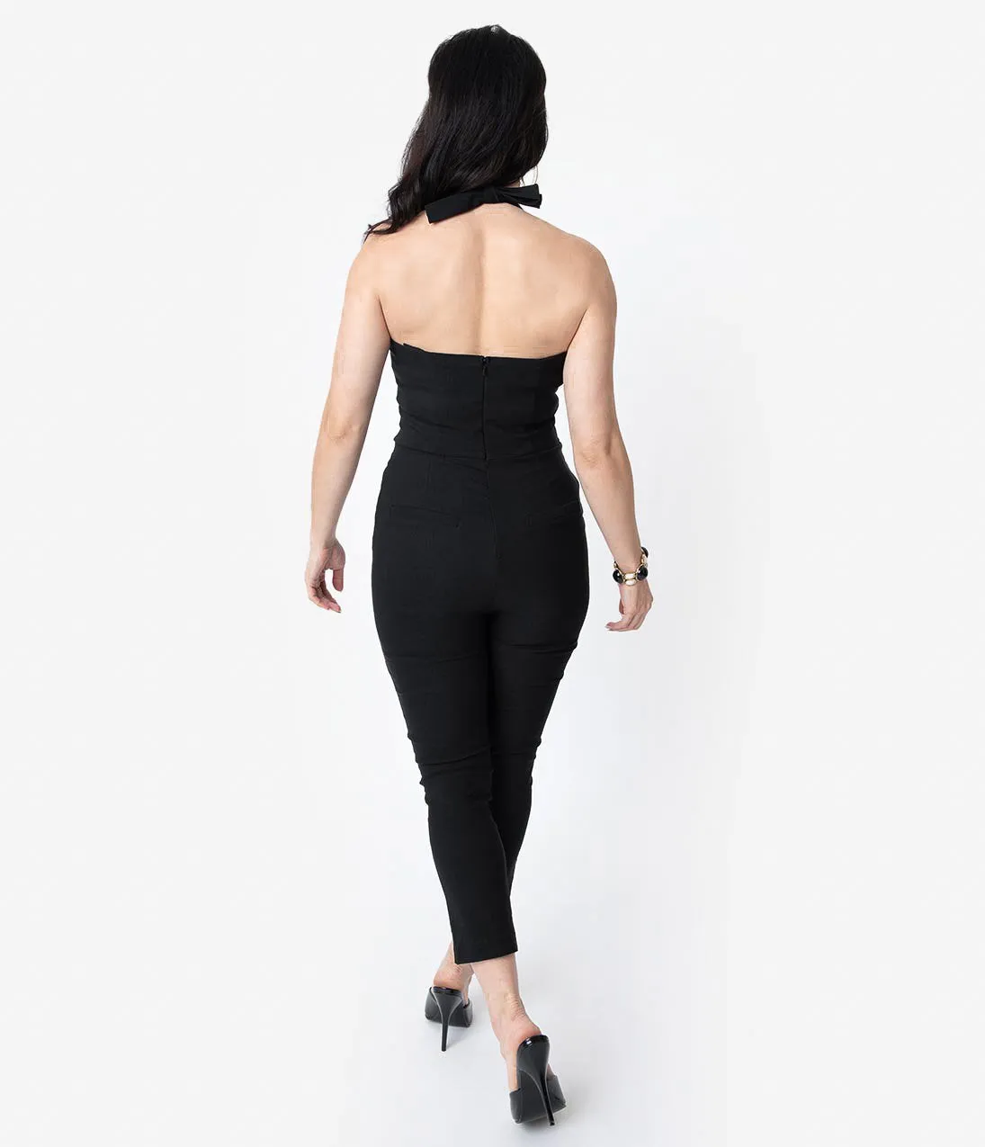 Unique Vintage 1950s Style Black Halter Marcel Cropped Jumpsuit