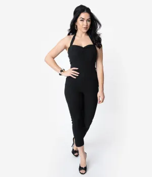 Unique Vintage 1950s Style Black Halter Marcel Cropped Jumpsuit