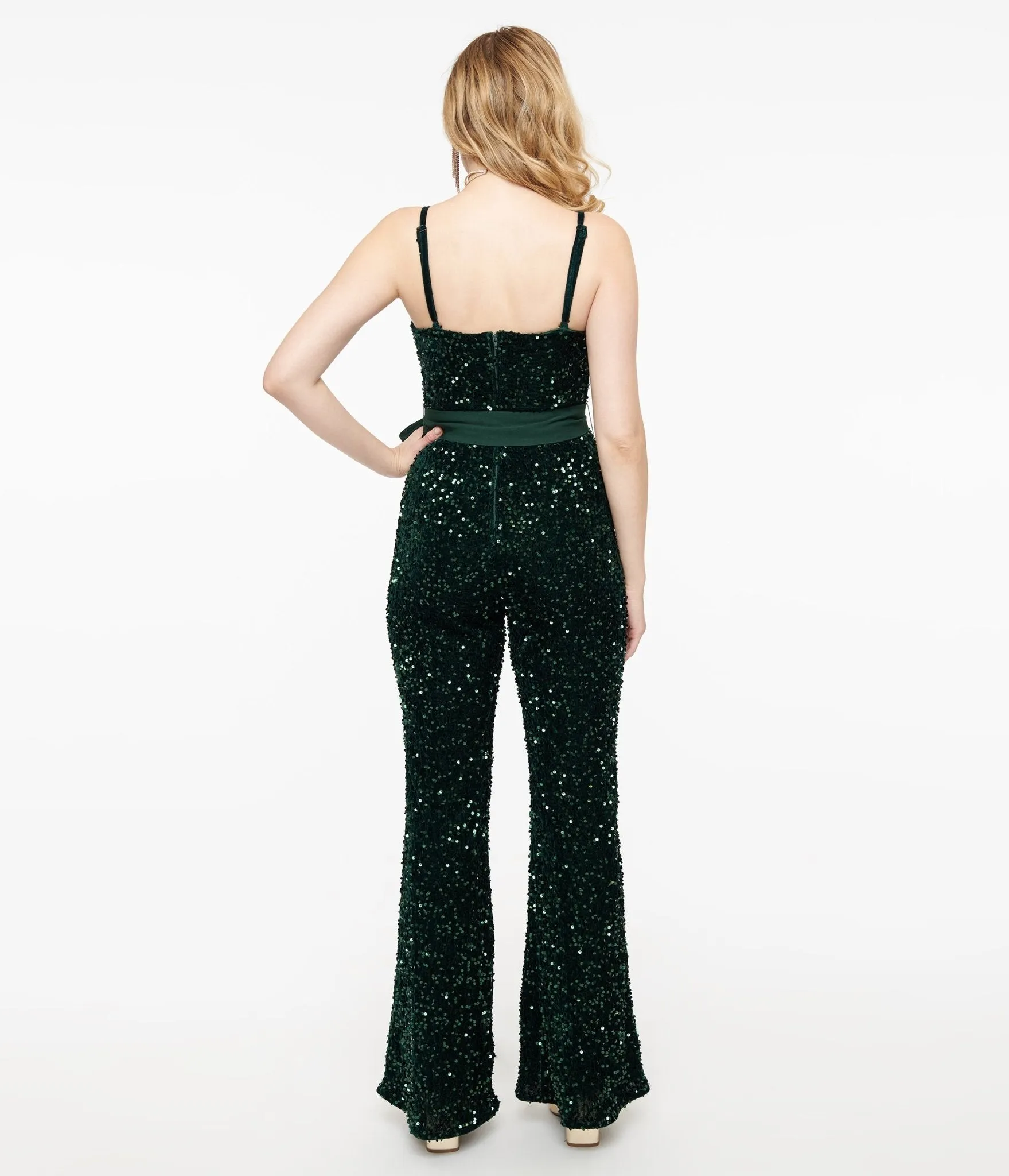 Unique Vintage 1960s Green Sequin Flare Jumpsuit