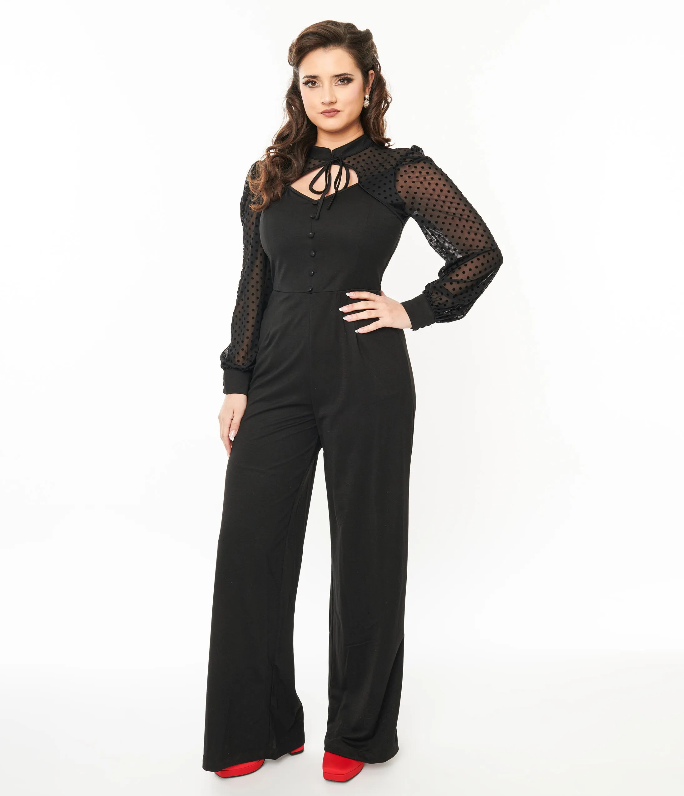 Unique Vintage 1970s Black & Polka Dot Long Sleeve Jumpsuit