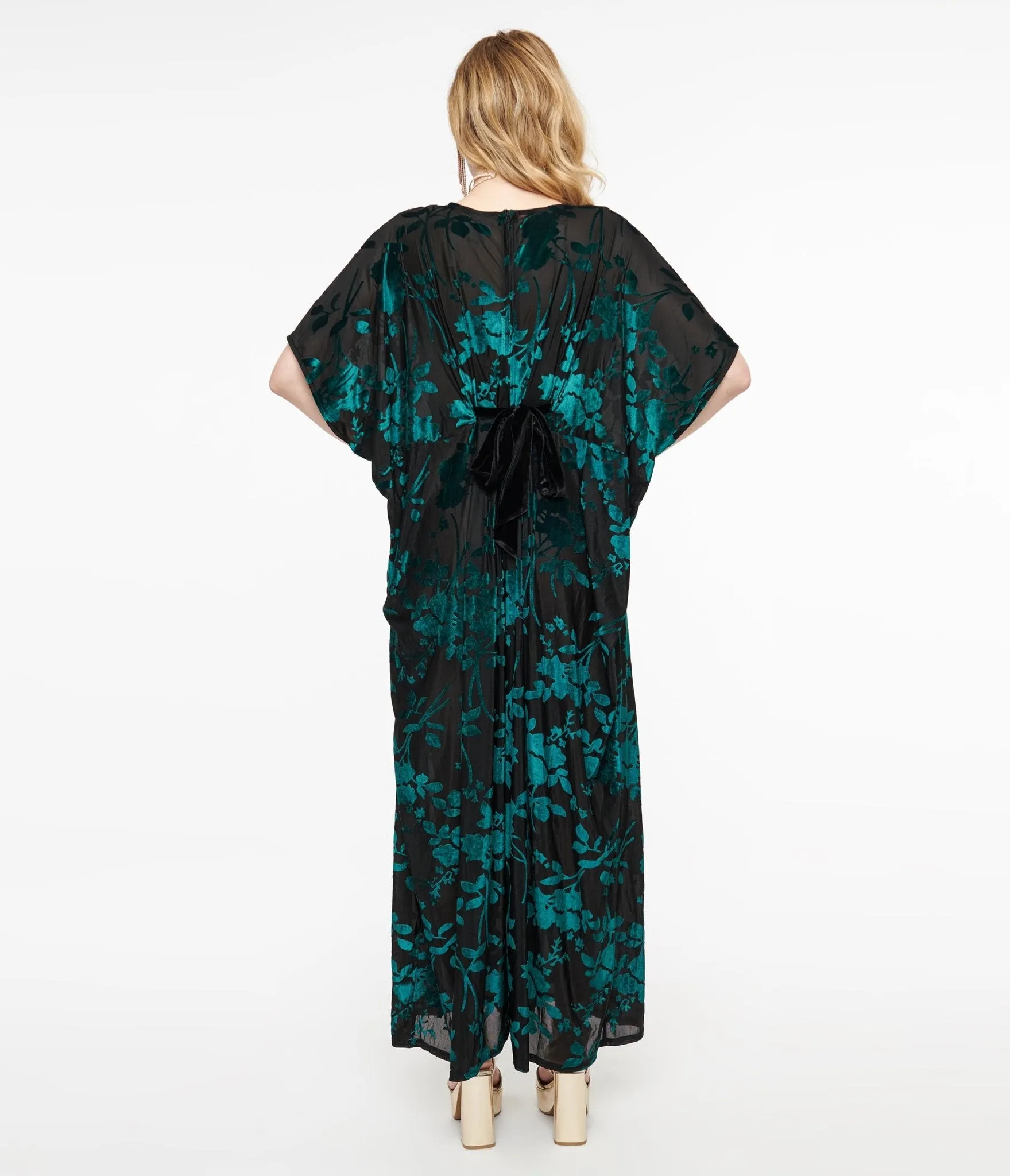 Unique Vintage 1970s Black & Teal Velvet Floral Burnout Caftan Jumpsuit