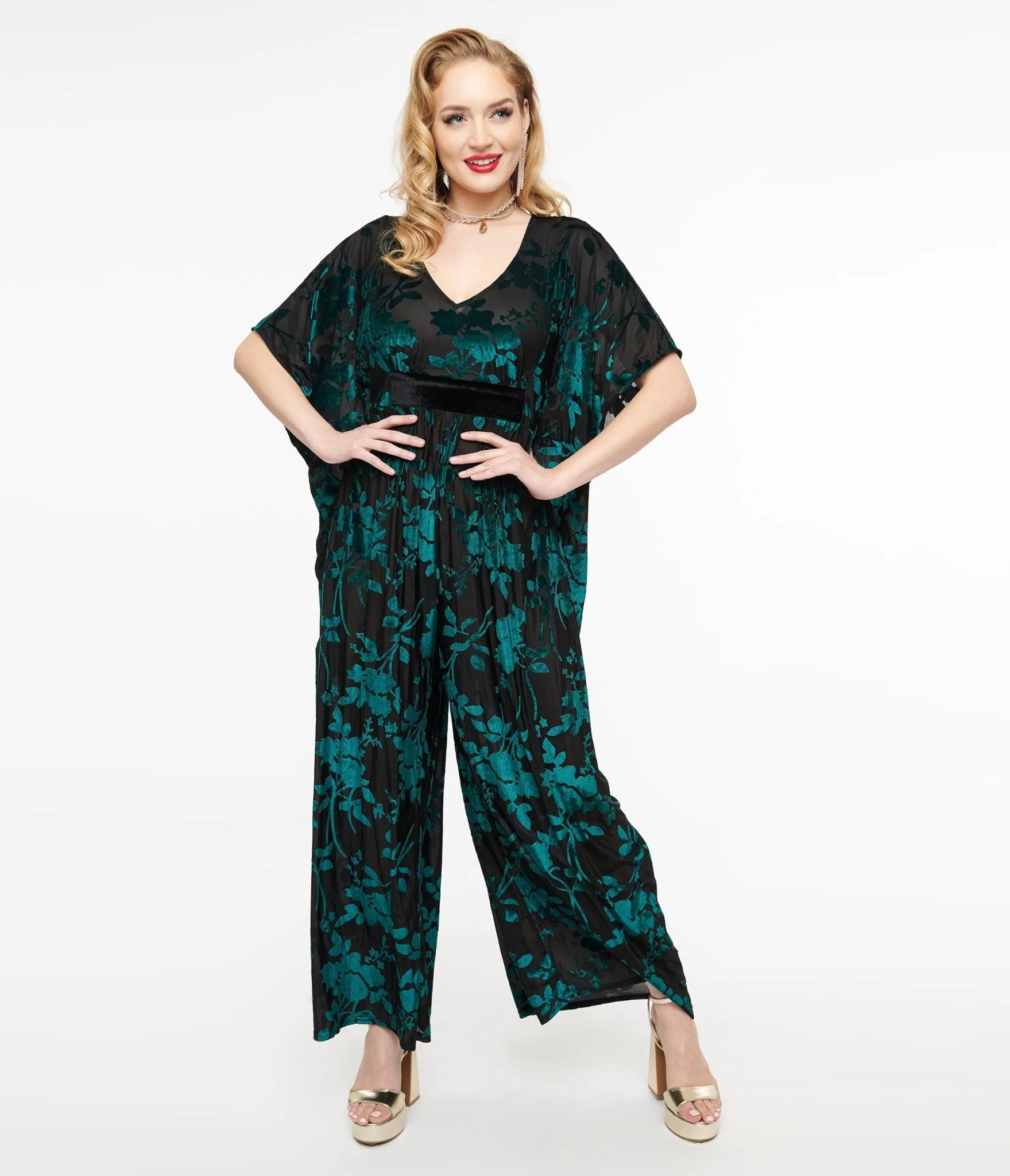 Unique Vintage 1970s Black & Teal Velvet Floral Burnout Caftan Jumpsuit