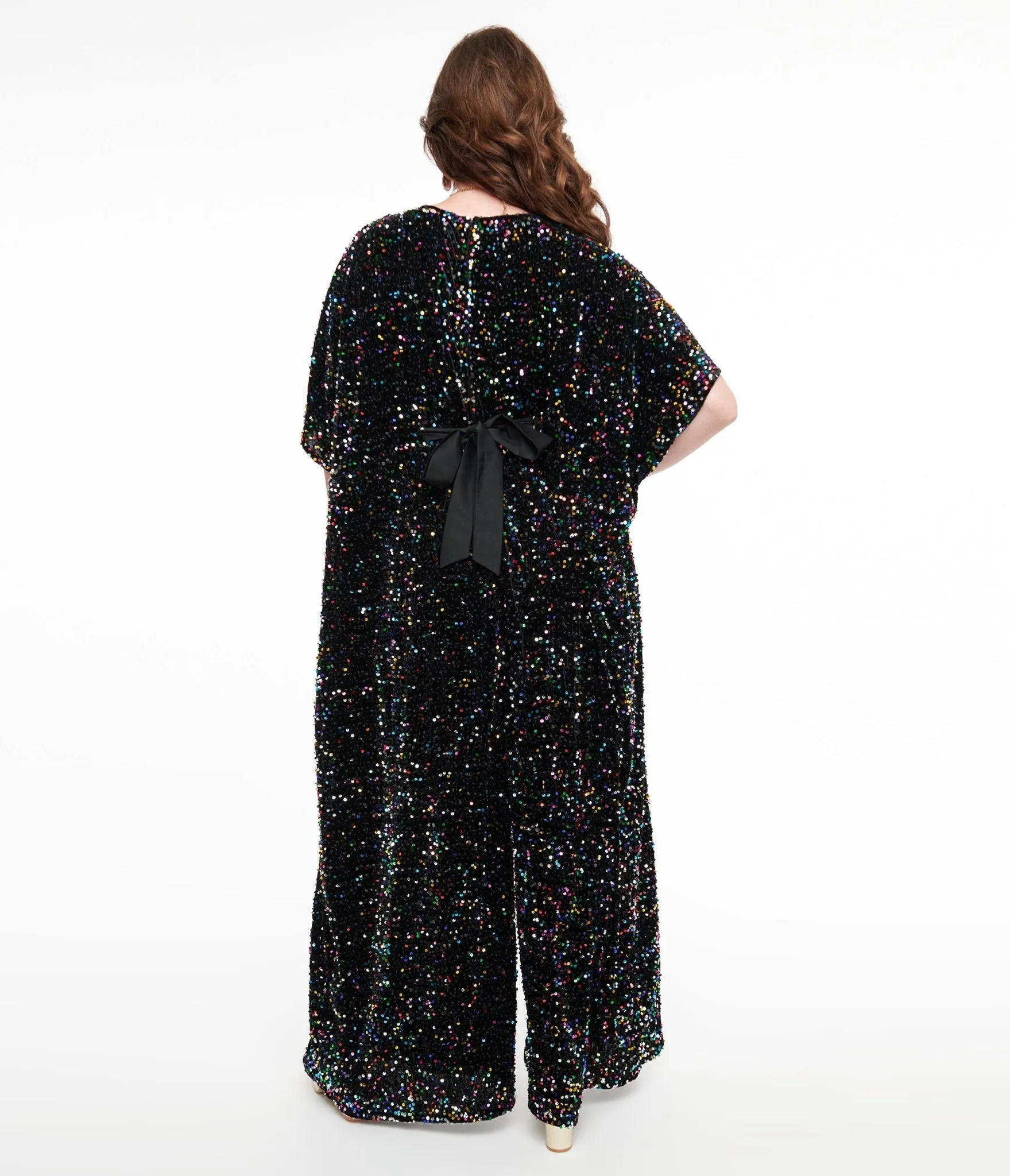 Unique Vintage 1970s Black Iridescent Sequin Caftan Jumpsuit