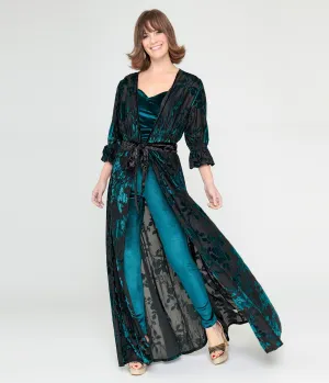 Unique Vintage Black & Teal Floral Velvet Burnout Duster