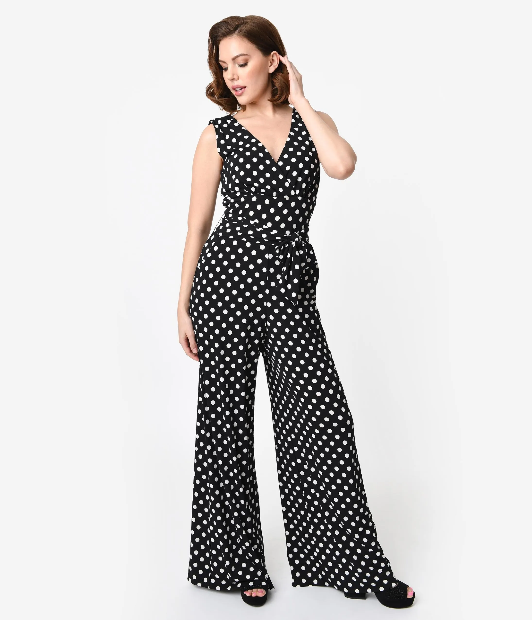 Unique Vintage Black & White Polka Dot Sleeveless Knit Montgomery Jumpsuit