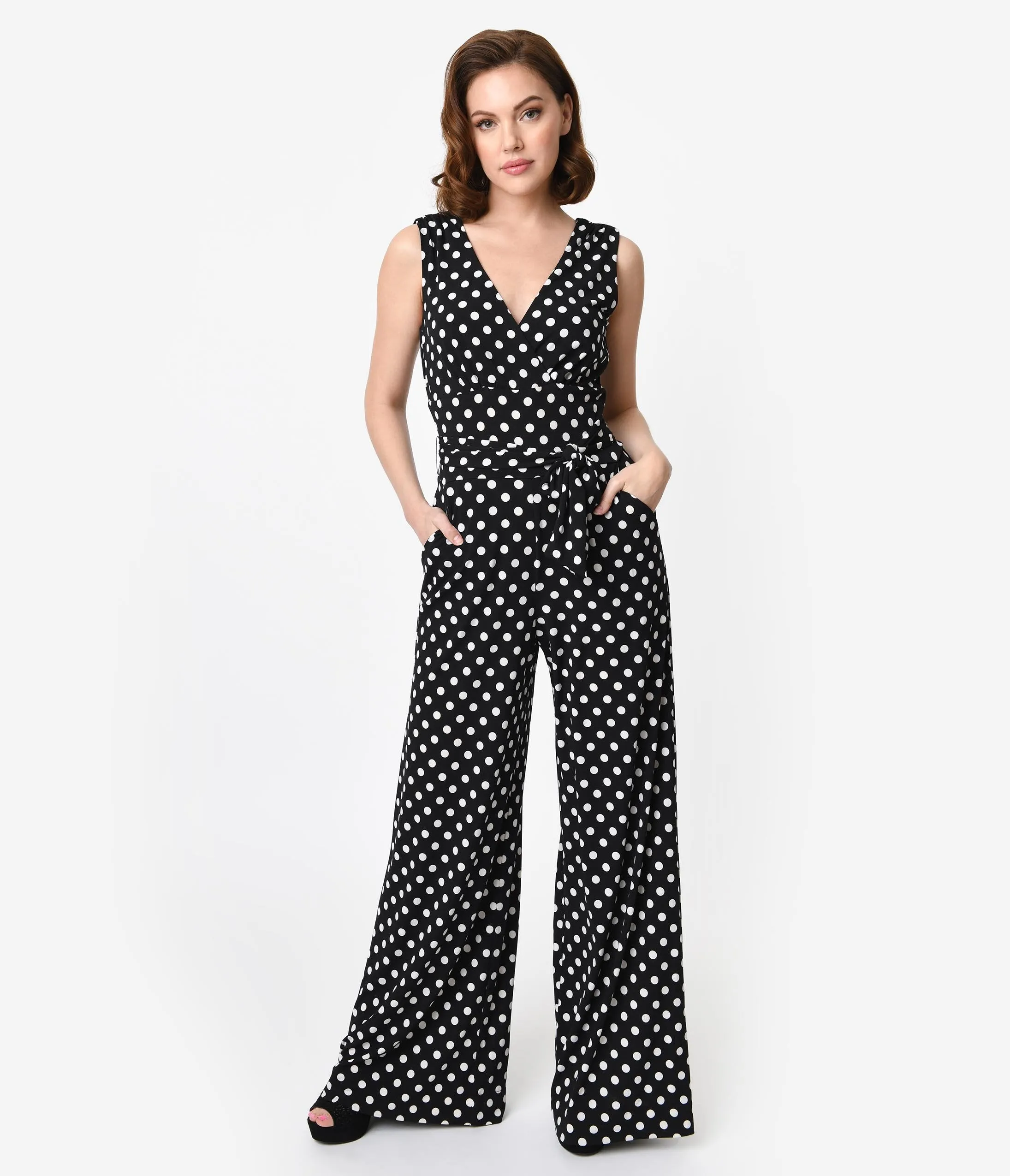 Unique Vintage Black & White Polka Dot Sleeveless Knit Montgomery Jumpsuit