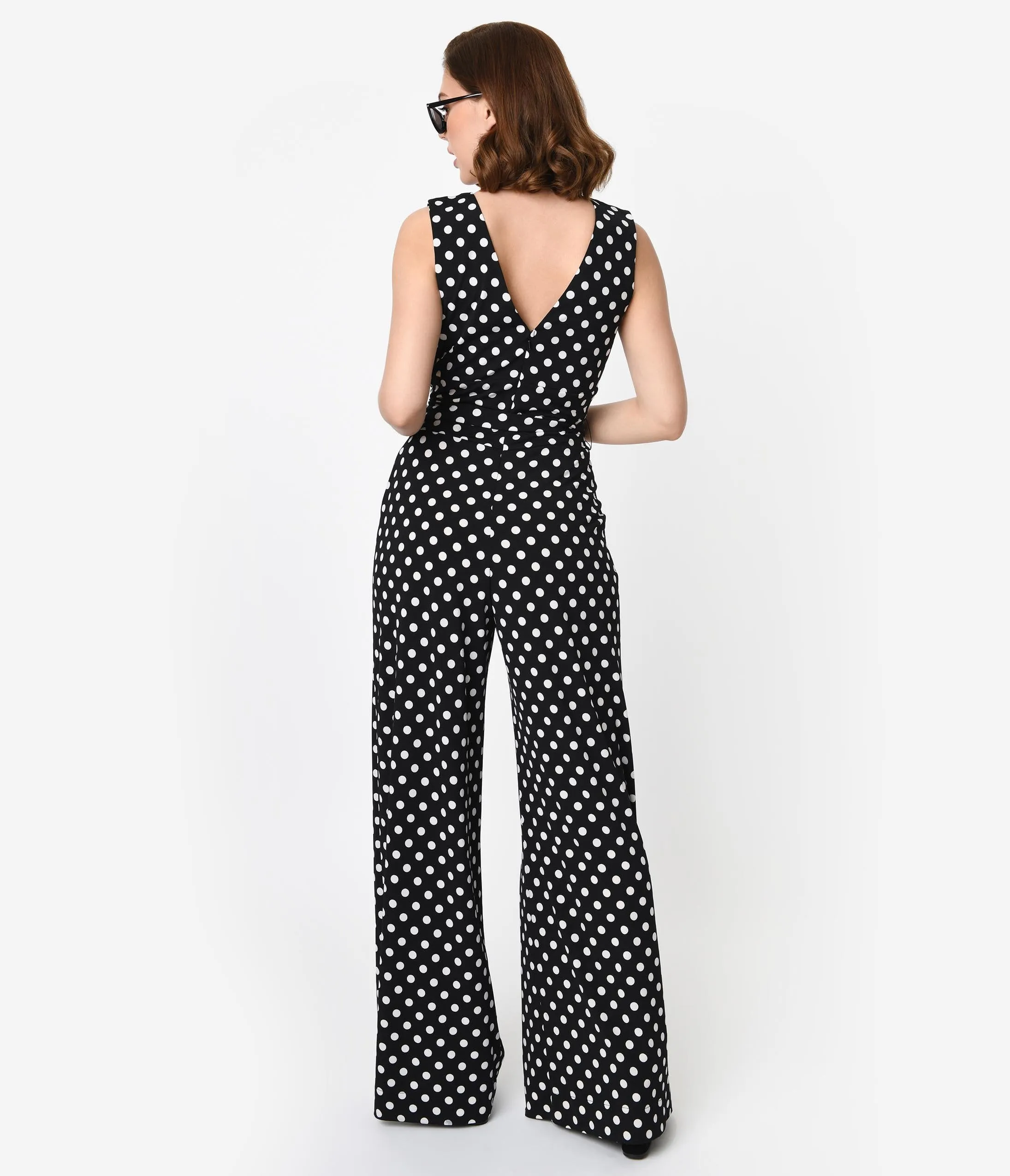 Unique Vintage Black & White Polka Dot Sleeveless Knit Montgomery Jumpsuit