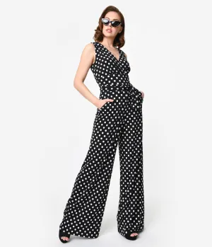 Unique Vintage Black & White Polka Dot Sleeveless Knit Montgomery Jumpsuit