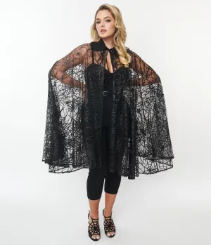 Unique Vintage Black Glitter Spiderweb Mesh Cape