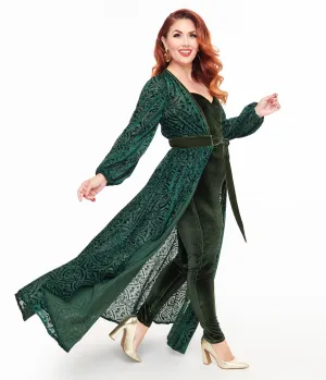 Unique Vintage Green Velvet Burnout Hollywood Duster