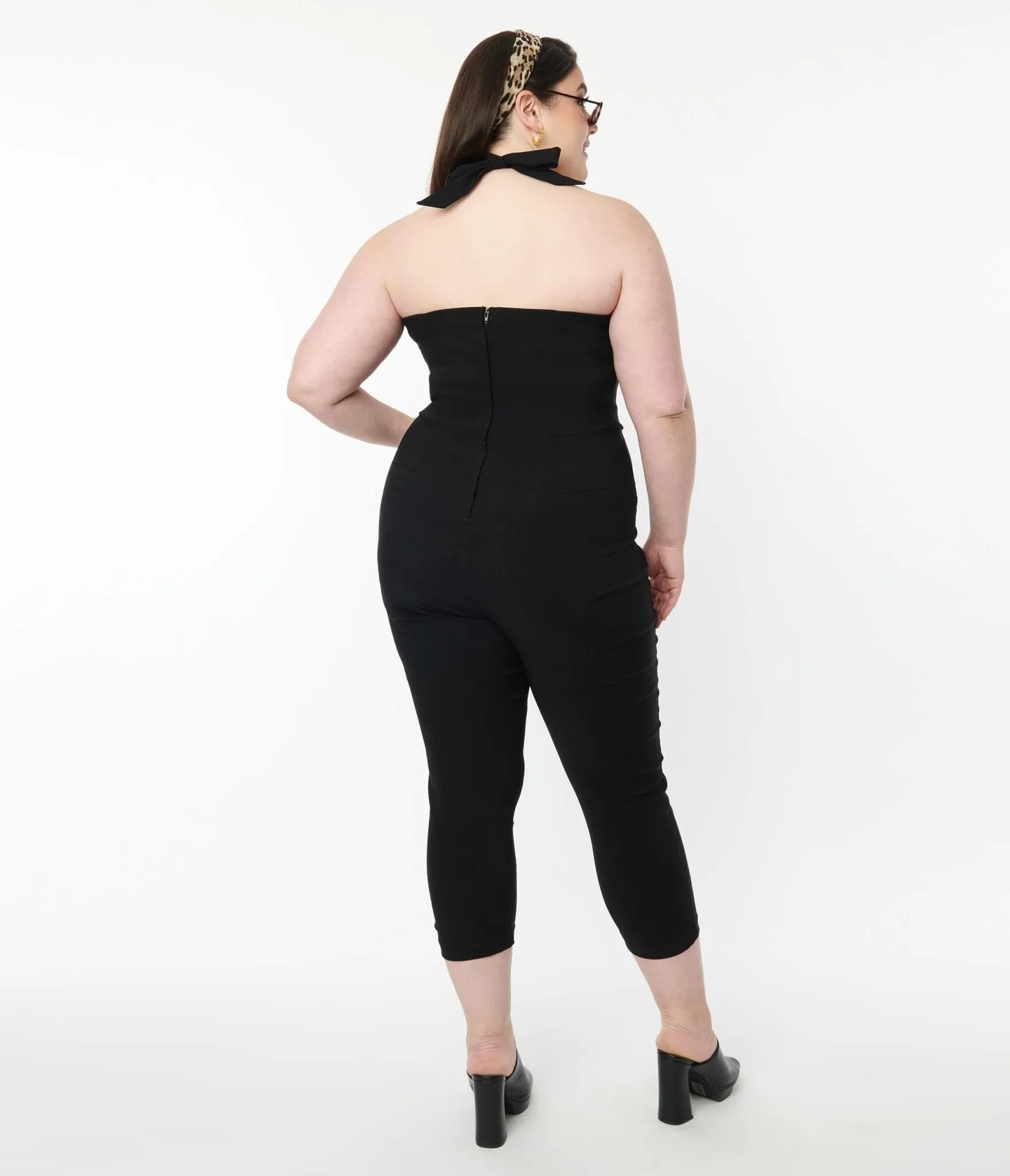 Unique Vintage Plus Size 1950s Black Halter Marcel Jumpsuit