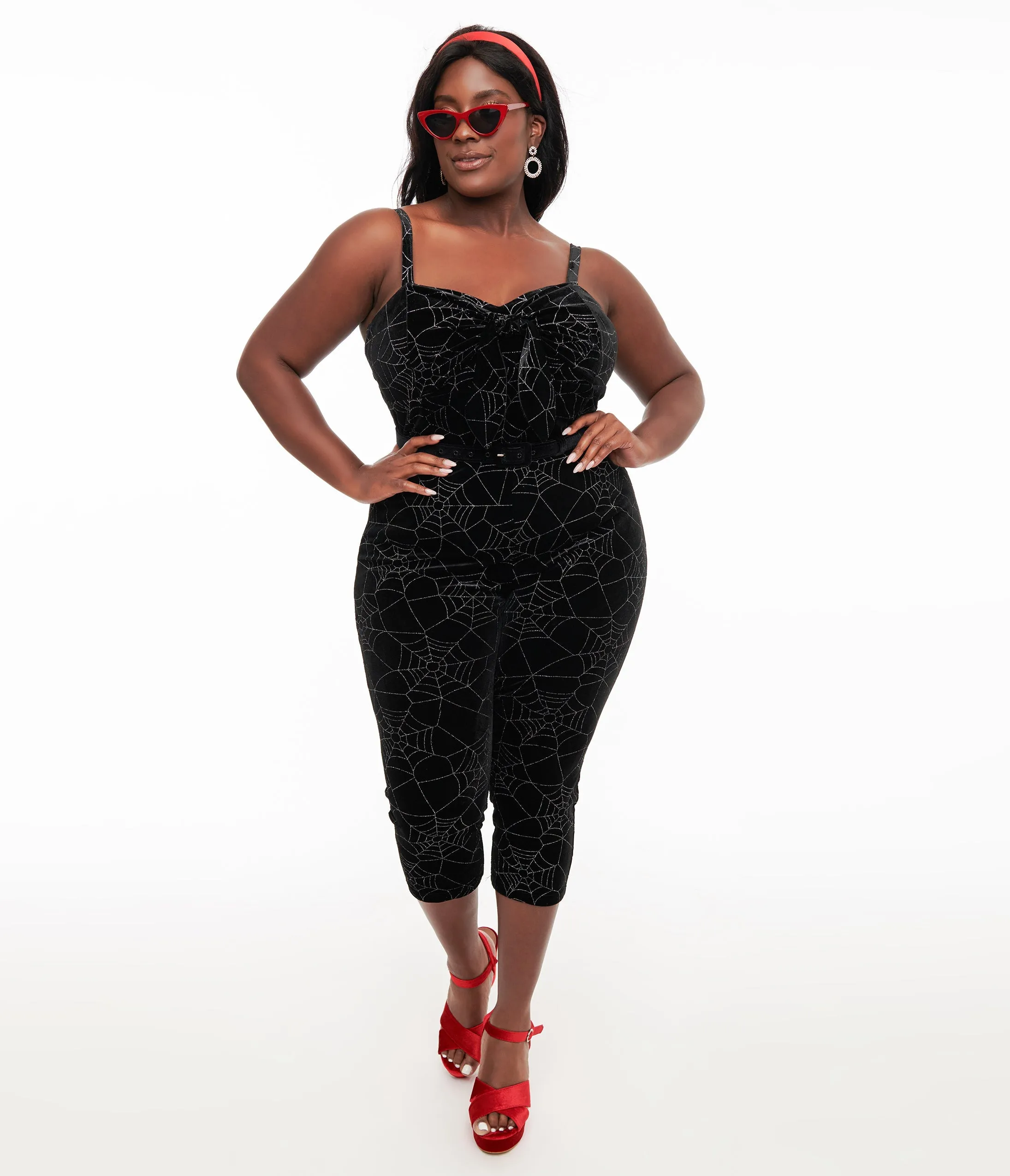 Unique Vintage Plus Size 1950s Black Velvet & Silver Web Cropped Jumpsuit