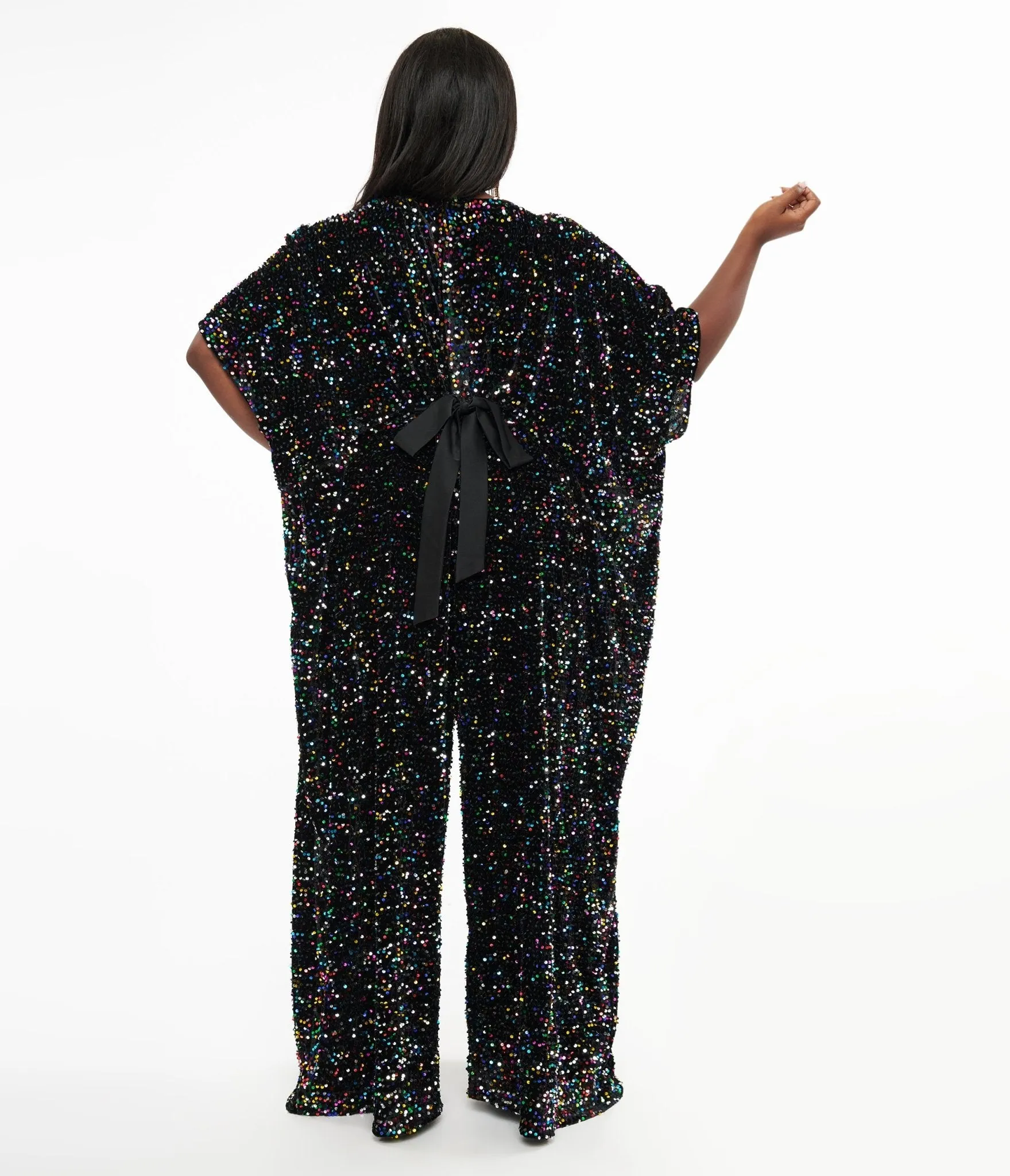 Unique Vintage Plus Size 1970s Black Iridescent Sequin Caftan Jumpsuit