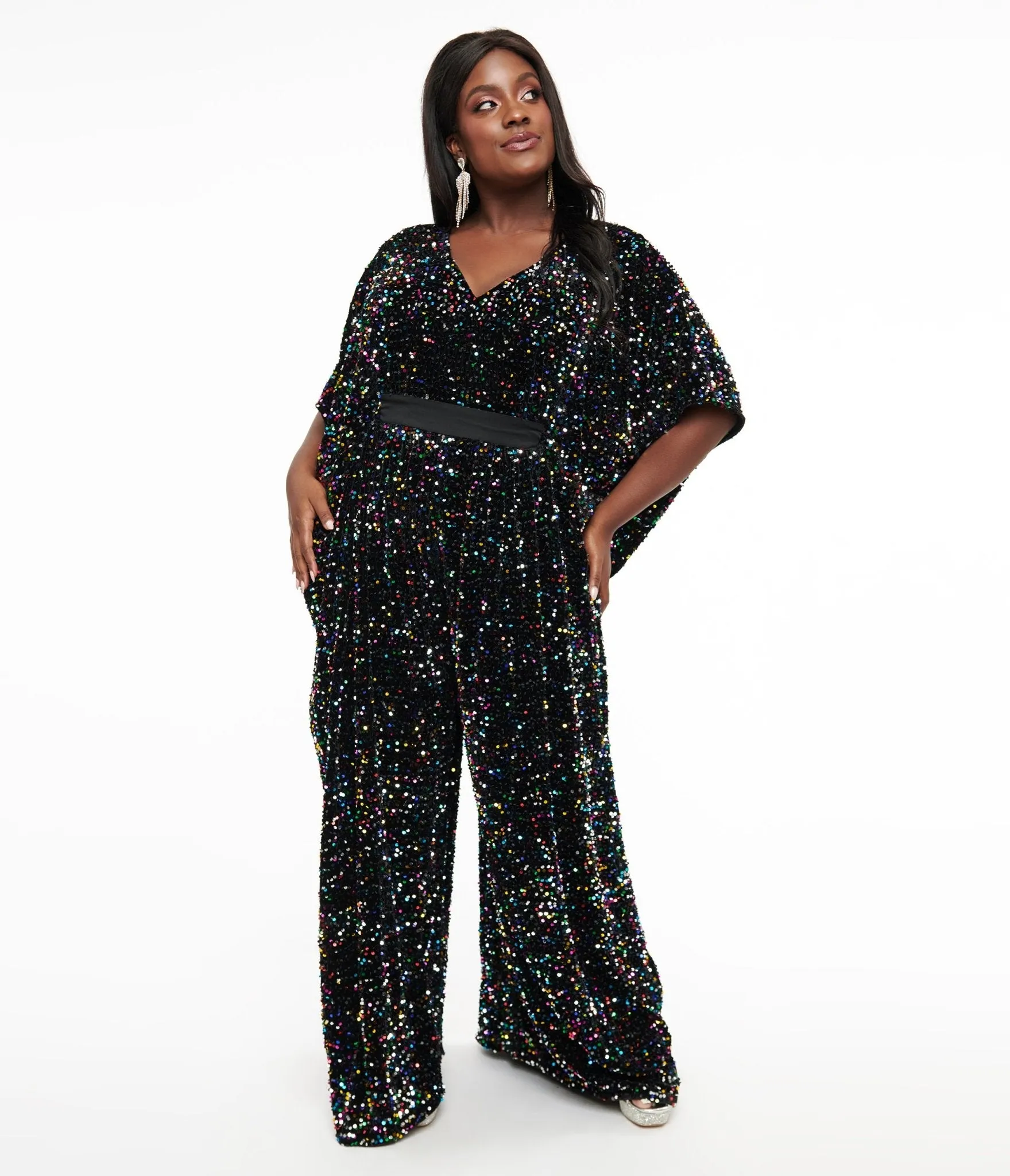 Unique Vintage Plus Size 1970s Black Iridescent Sequin Caftan Jumpsuit