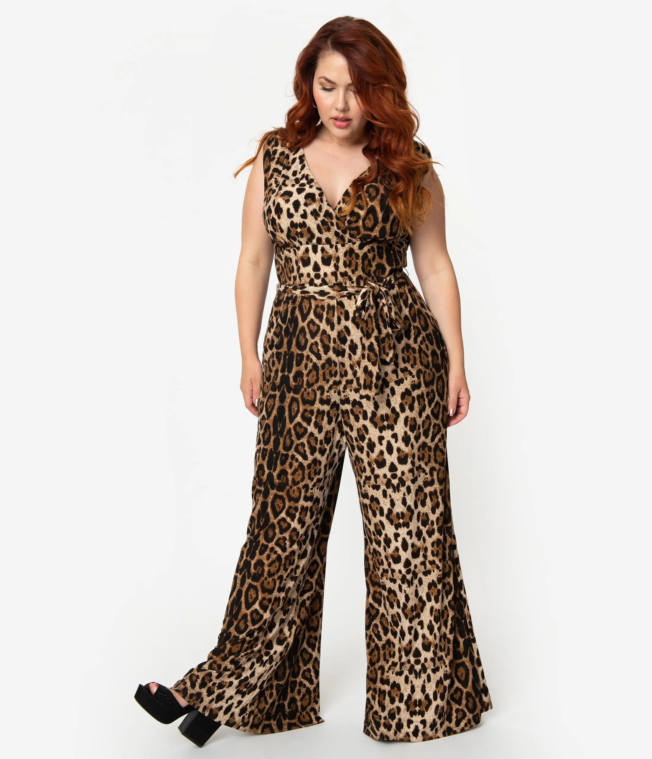 Unique Vintage Plus Size Leopard Print Sleeveless Knit Montgomery Jumpsuit