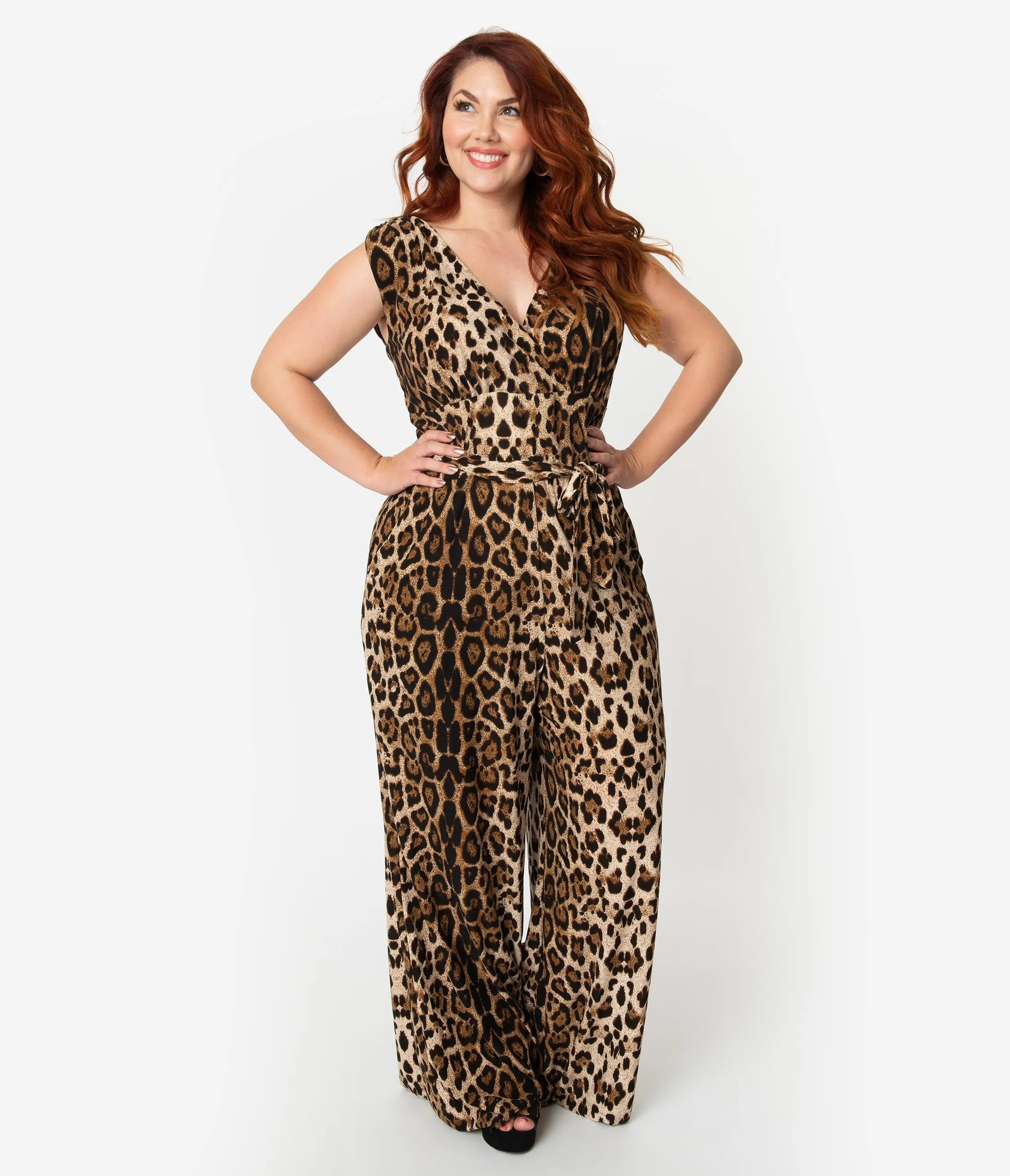 Unique Vintage Plus Size Leopard Print Sleeveless Knit Montgomery Jumpsuit