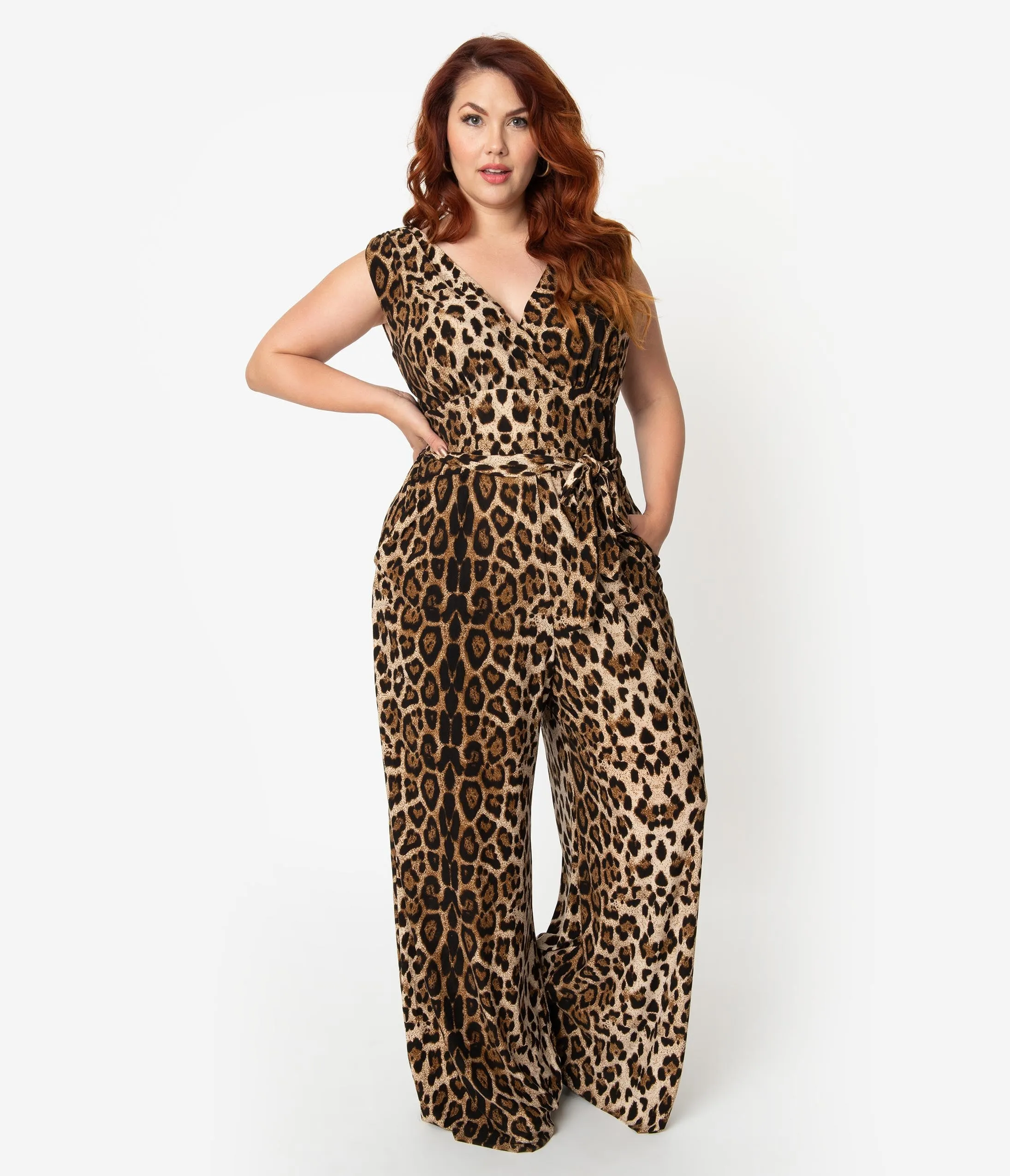 Unique Vintage Plus Size Leopard Print Sleeveless Knit Montgomery Jumpsuit