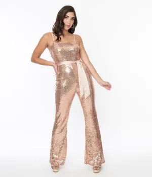 Unique Vintage Rose Gold Sequin Flare Jumpsuit