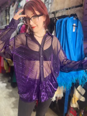 Vintage 90s Shiny Sparkly Sheer Purple Long Sleeve Shirt