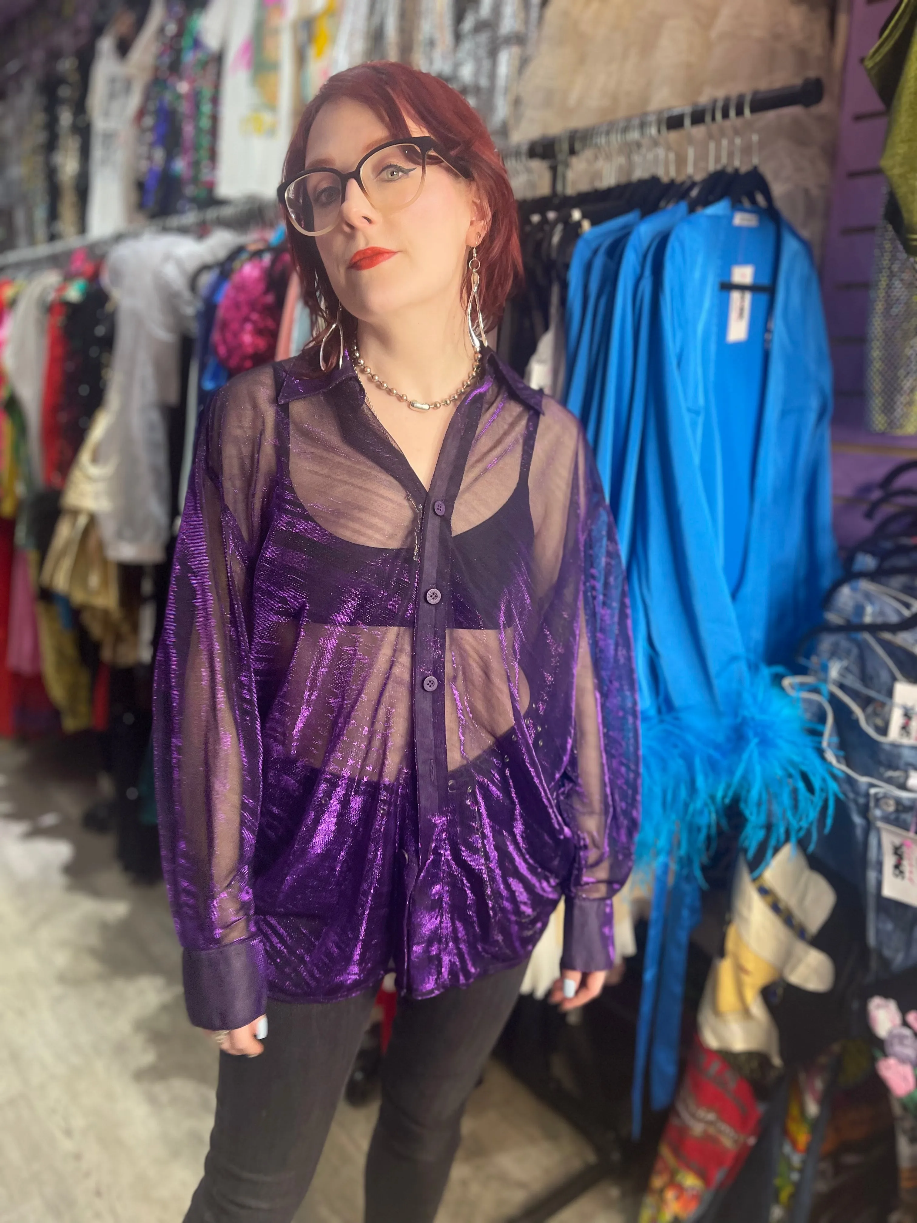 Vintage 90s Shiny Sparkly Sheer Purple Long Sleeve Shirt