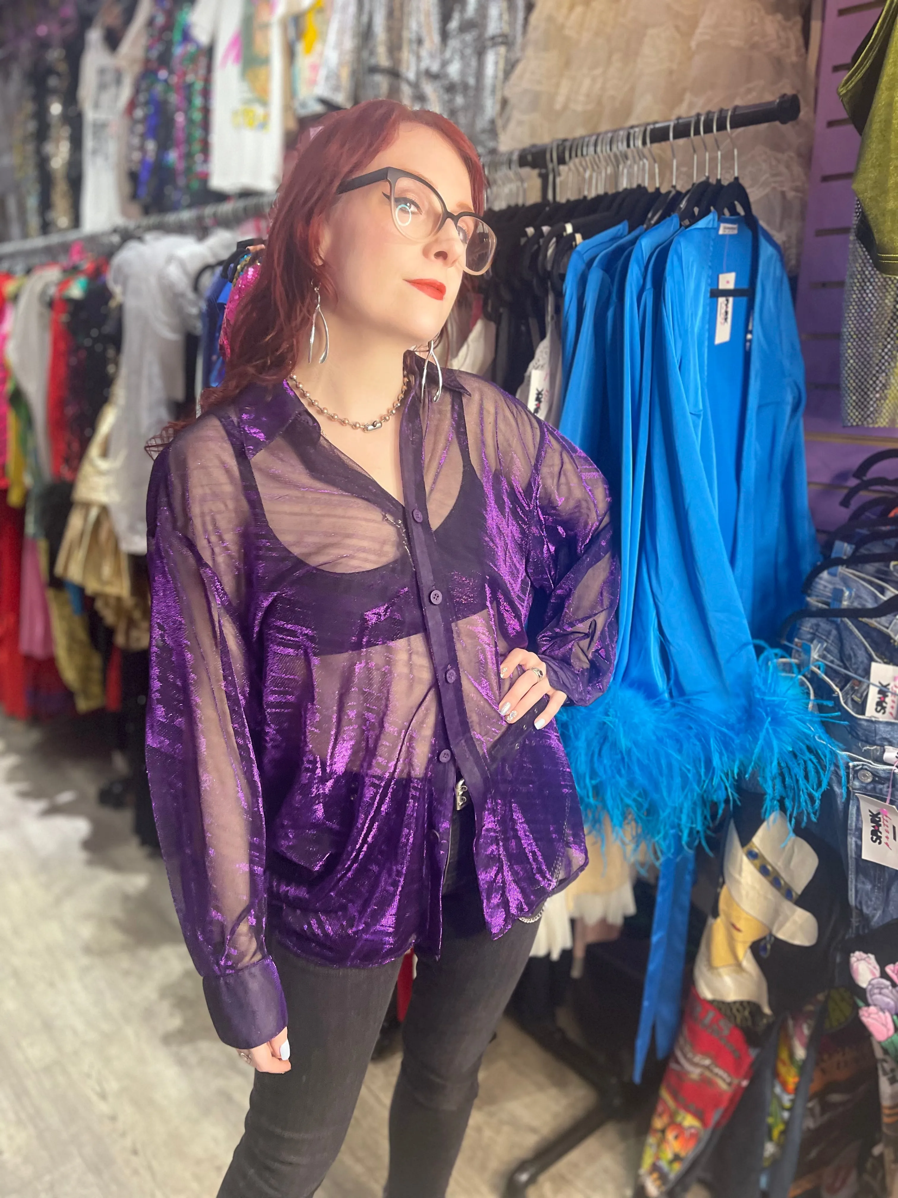 Vintage 90s Shiny Sparkly Sheer Purple Long Sleeve Shirt